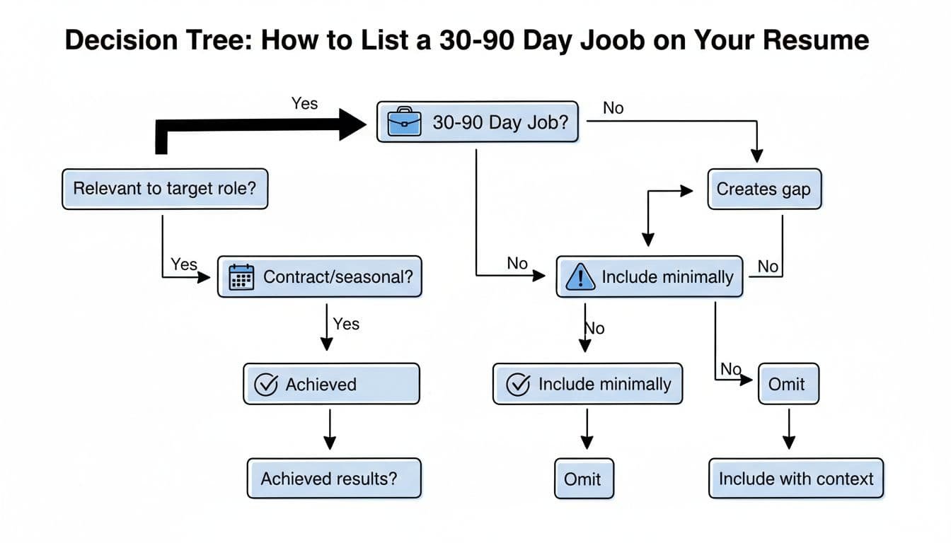 Hand-drawn illustration in minimal editorial style with black ink linework and flat blue accents on white background, depicting a decision tree infographic for deciding whether to include 30-90 day jobs on a resume.