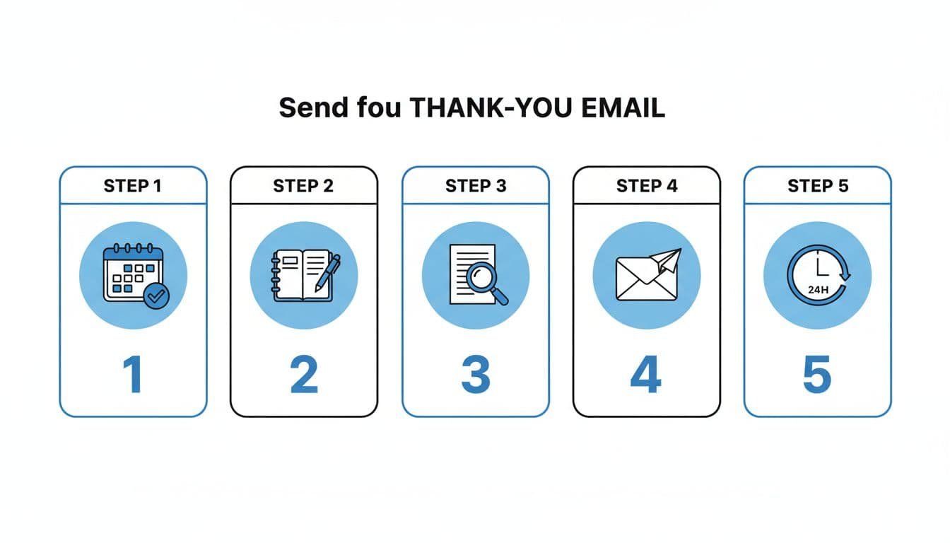 Hand-drawn infographic on white background in blacks and blues showing exactly 5 numbered steps to personalize a thank-you email post-job interview: reflect, personalize, proofread, timely send, with icons like calendar, notebook, email.