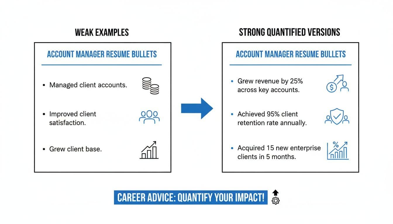 Hand-drawn black-and-blue illustration on white background with side-by-side panels comparing weak generic resume bullets to strong quantified versions for account managers, including metrics like 25% revenue growth, 95% retention, and client acquisition, with improvement arrows and icons.