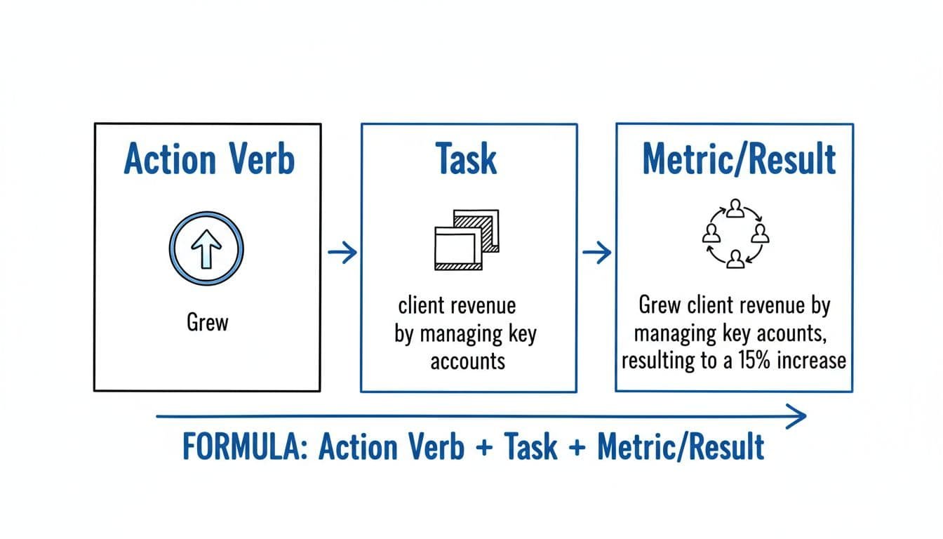 Hand-drawn infographic in blacks and blues on white background, showing the structure Action Verb + Task + Metric/Result for account manager resume bullets, with three panels each featuring one example, sales icons, and retention charts.