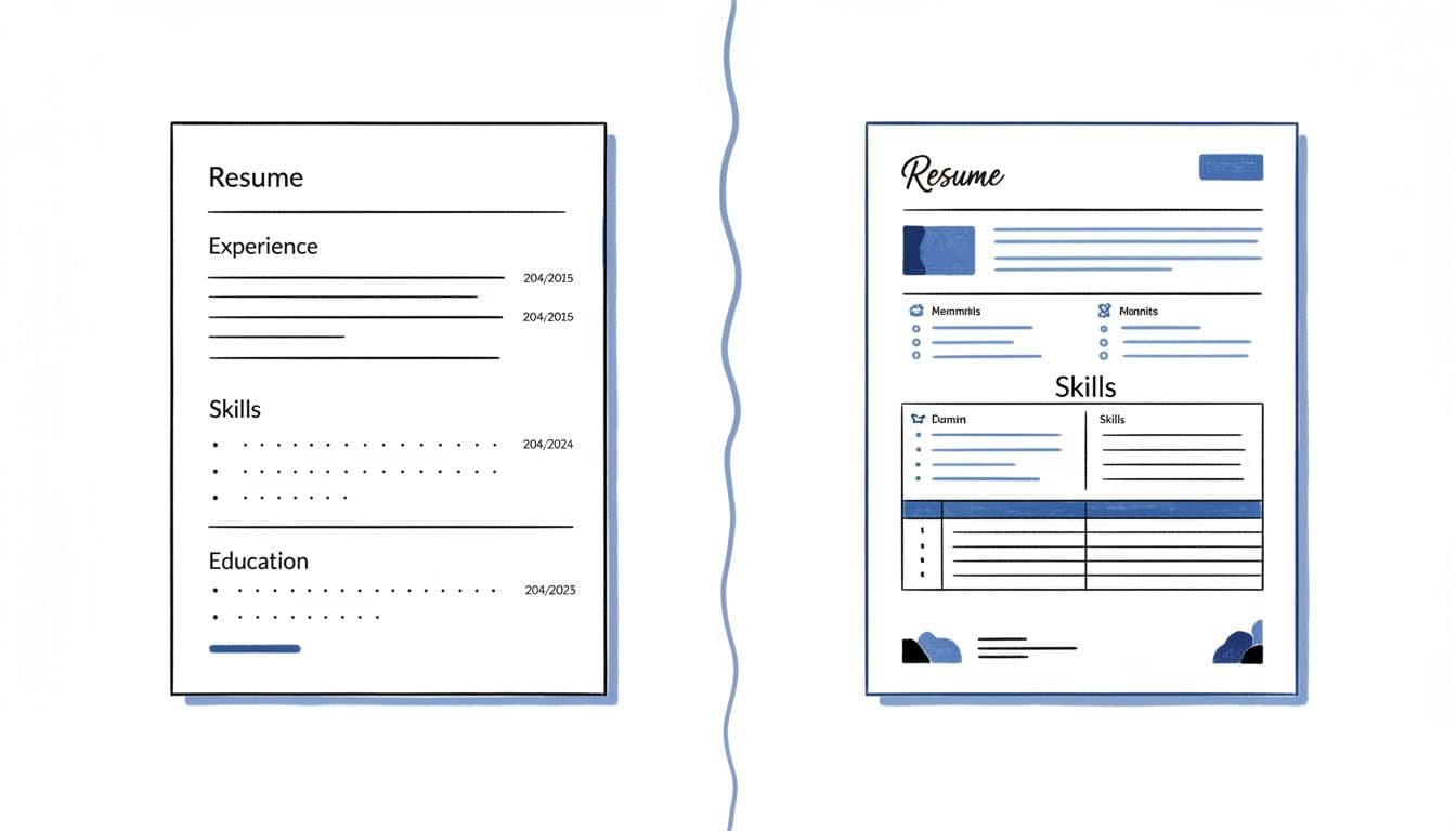 Hand-drawn side-by-side illustration in blacks and blues on white background comparing ATS-friendly single-column resume (left) with ATS-unfriendly two-column graphic-heavy resume (right), minimalist infographic style for career advice.