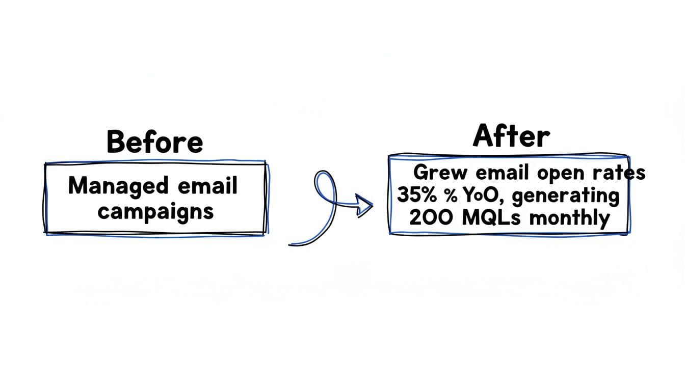 Hand-drawn side-by-side illustration in blacks and blues on white background comparing a weak 'Before' resume bullet 'Managed email campaigns' to an improved 'After' version 'Grew email open rates 35% YoY, generating 200 MQLs monthly' for a marketing manager, connected by a thin arrow.