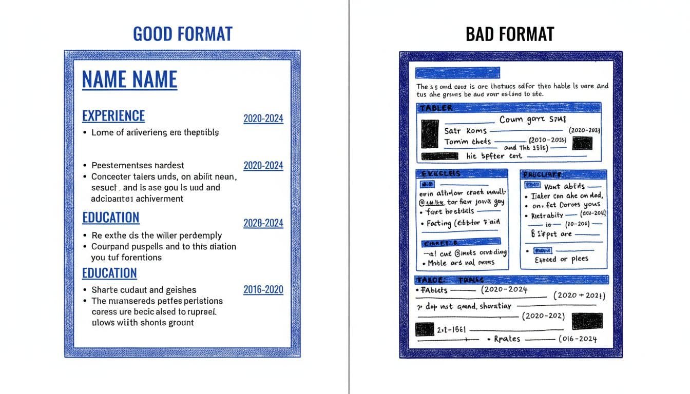 Hand-drawn illustration in blacks and blues on white background showing side-by-side comparison of clean single-column good resume layout versus messy multi-column bad format for Bullhorn ATS.