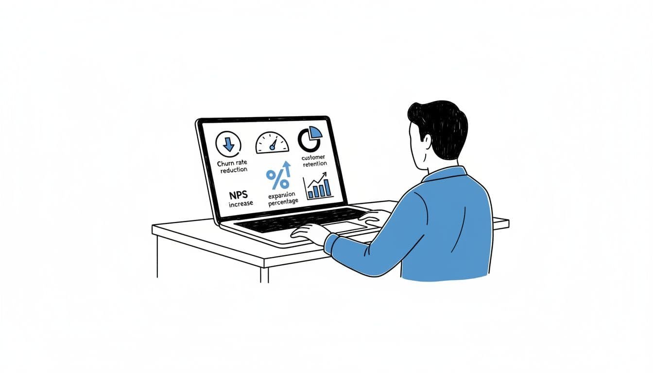 Hand-drawn editorial infographic in blacks and blues on white background visualizing key KPIs for Customer Success Managers: churn reduction, NPS increase, customer retention, upsell revenue, and expansion revenue in a central dashboard layout. One person sits relaxed at a desk reviewing the dashboard on an angled laptop screen.