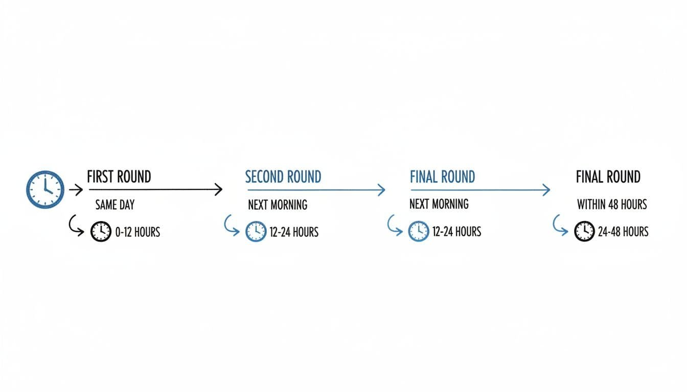 Infographic timeline of best timing for thank-you emails after interview rounds: same day for first, next morning for second, within 48 hours for final. Hand-drawn blacks and blues on white background with clock icons, simple horizontal layout.