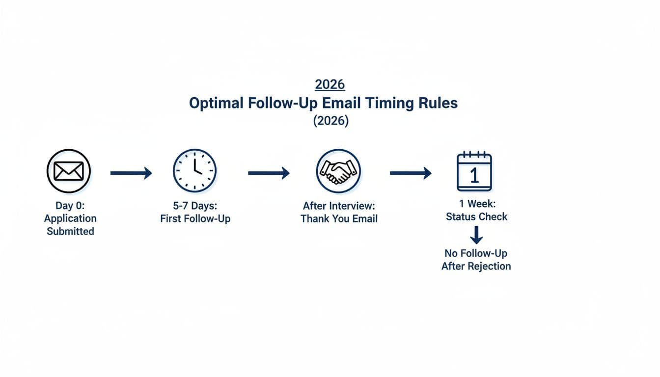 Hand-drawn infographic timeline on white background with black and deep blue lines, showing optimal follow-up email timing after job application: Day 0 trigger event submit, 5-7 days first follow-up, 24-48 hours post-interview thank-you, 1 week status check, none after rejection.