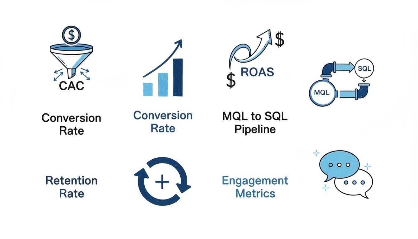 Hand-drawn illustration in blacks and blues on white background featuring clean icons for CAC funnel, ROAS arrow, conversion rate graph, MQL to SQL pipeline, retention circle, and engagement speech bubbles in a minimal grid layout.