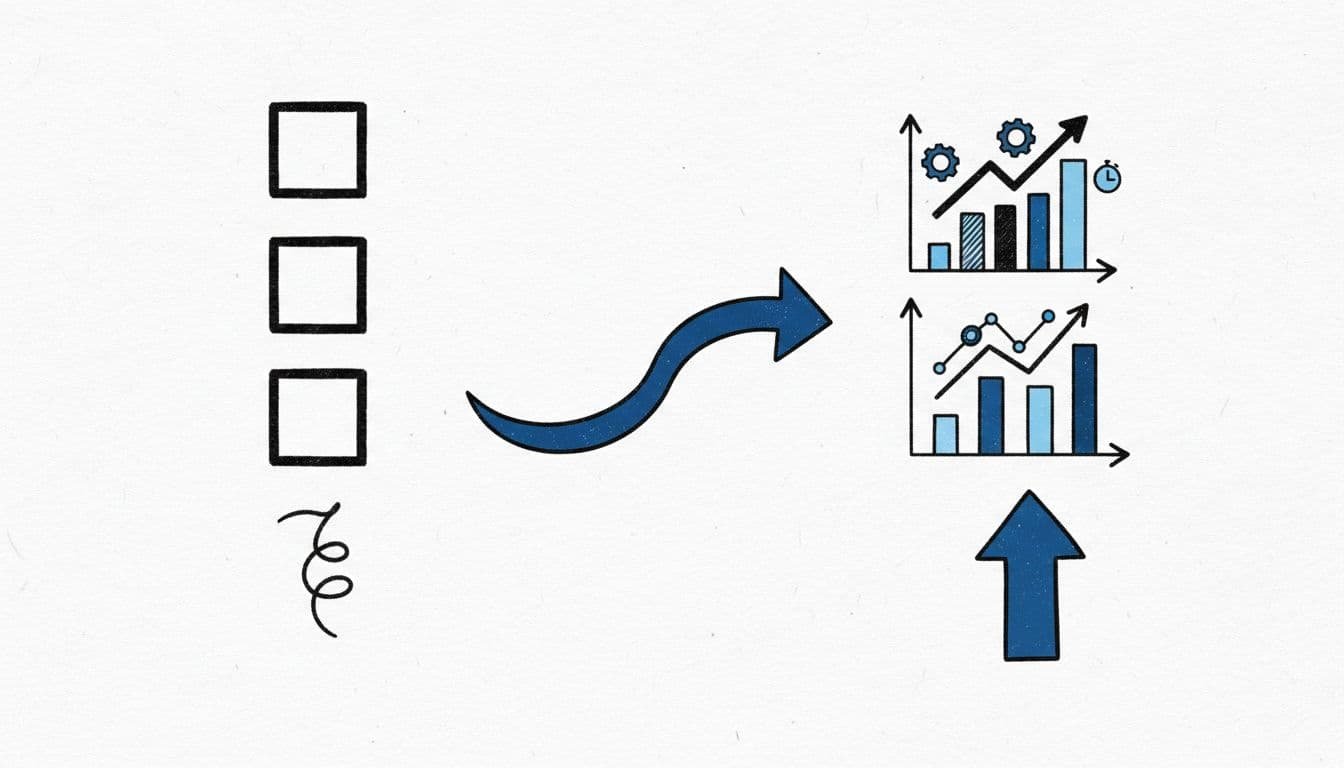 Hand-drawn editorial infographic in blacks and blues on white background, featuring side-by-side comparison of weak generic task resume bullets (checklist icons) versus strong quantified achievement bullets (charts, up arrows, metrics icons), linked by a thick improvement arrow, with subtle resume paper elements.