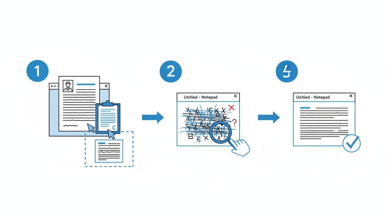 Hand-drawn illustration in blacks and blues on white background showing a 5-step infographic for the copy-paste resume test: open resume, copy, paste to notepad, check issues, fix layout. Clean icons in flowchart style for job seekers.