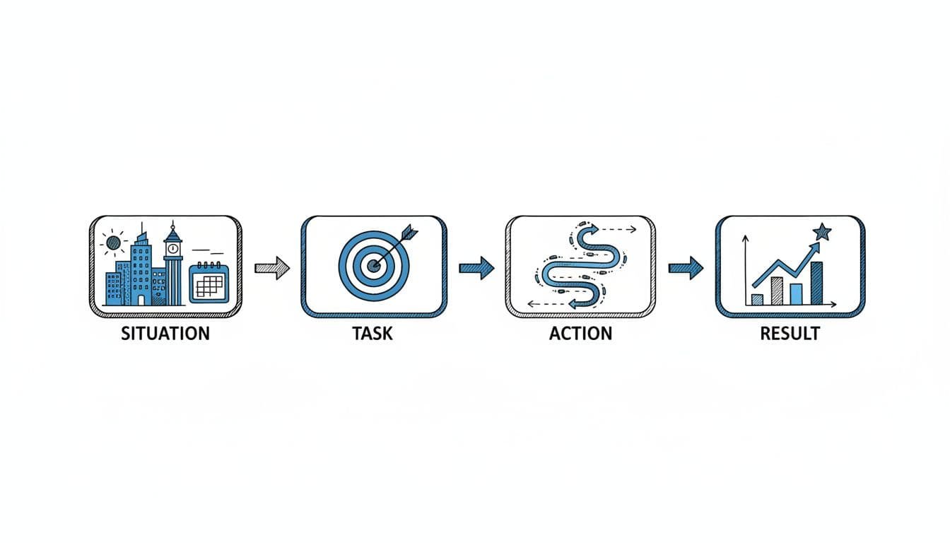 Hand-drawn line art infographic in blacks and blues on white background depicting the STAR method for job interviews: four sequential panels for Situation, Task, Action, and Result connected by arrows.