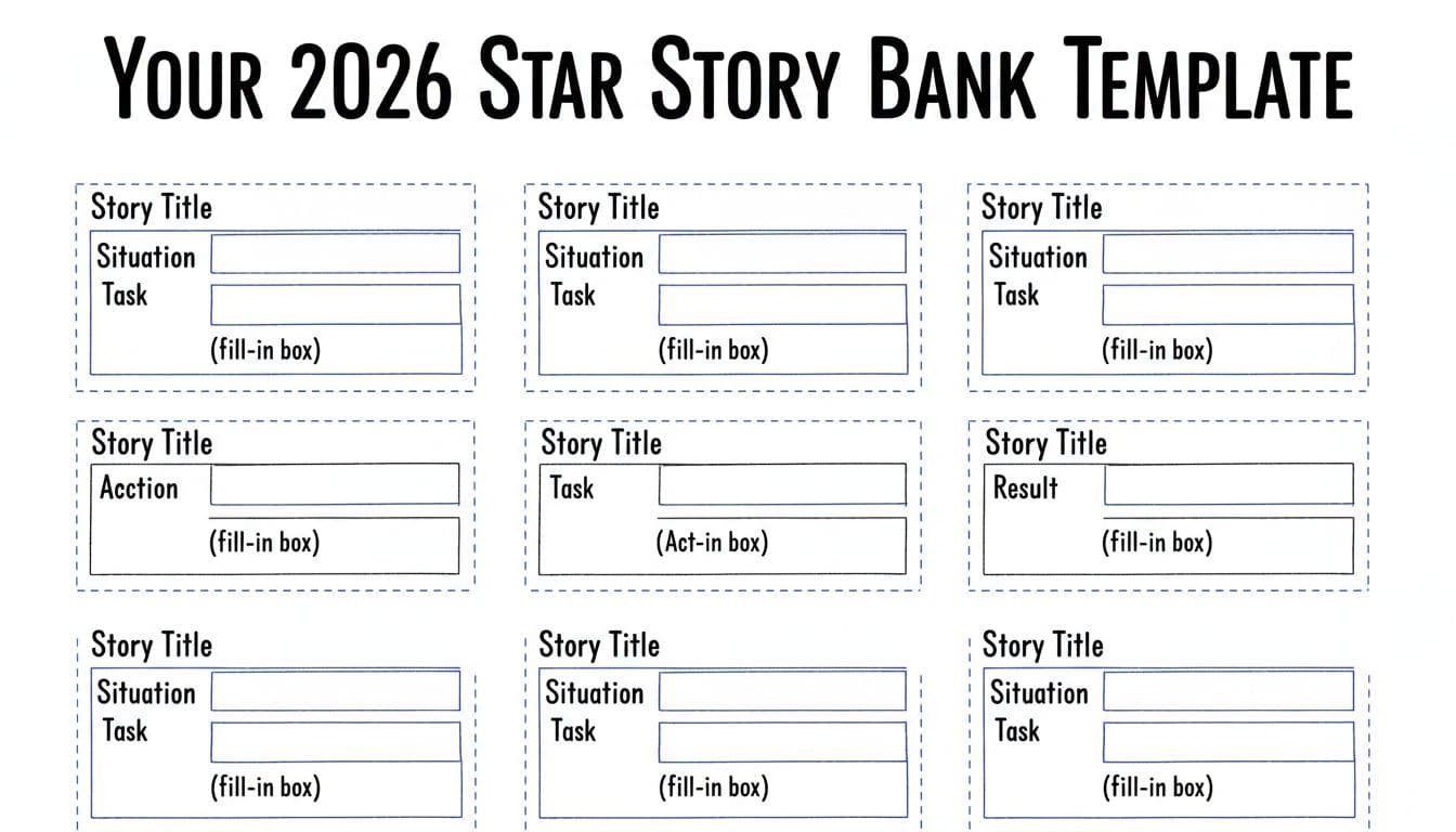 Hand-drawn line art infographic in blacks and blues on white background: simple worksheet-style blank form for STAR story bank template with sections for 5 stories including Story Title, Situation, Task, Action, and Result fill-in boxes; clean professional layout.