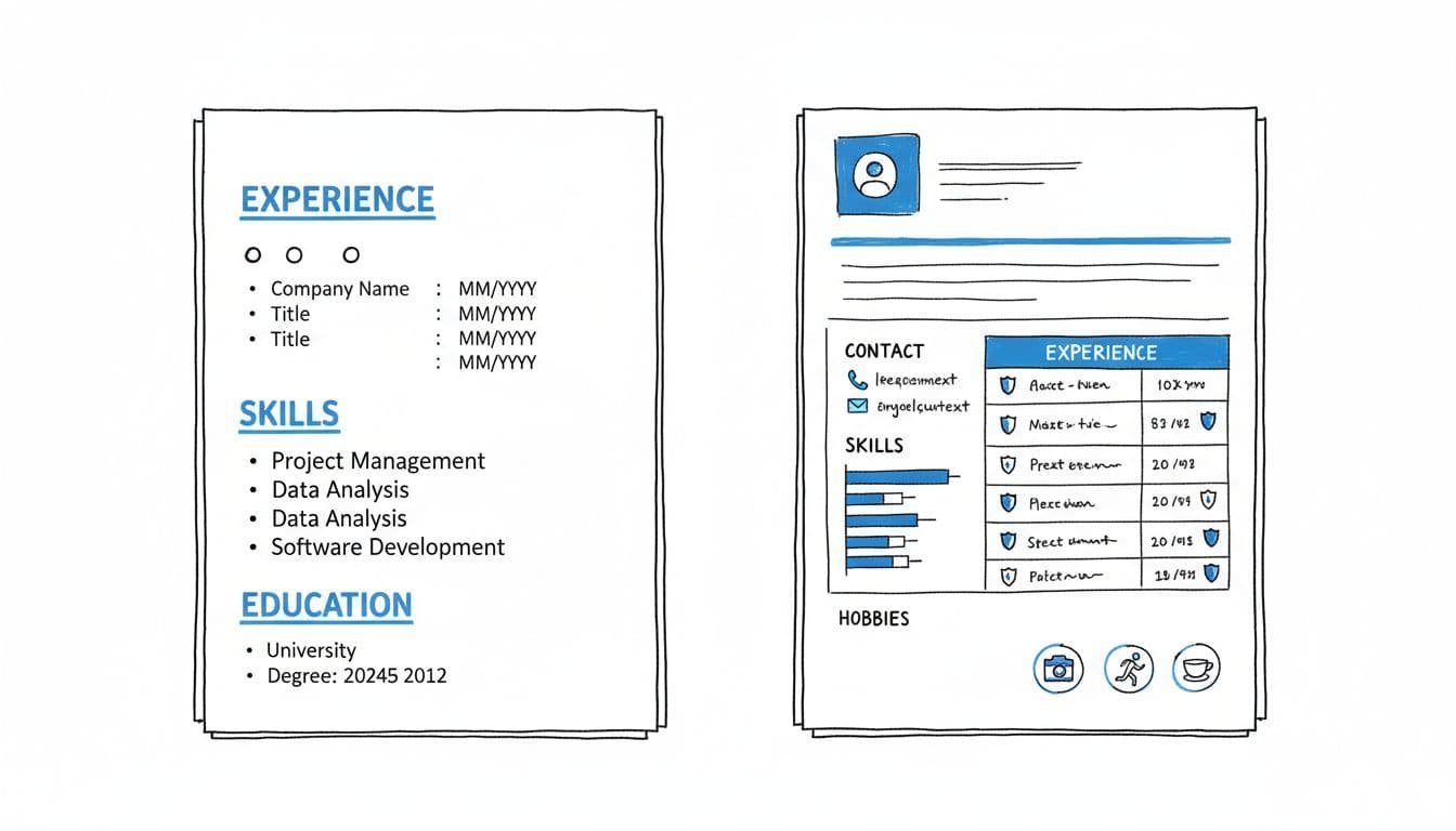 Hand-drawn black and blue line art on white background showing side-by-side comparison: left is ATS-friendly single-column resume with standard headings, simple bullets, and consistent dates; right is problematic two-column format with graphics, tables, and icons.