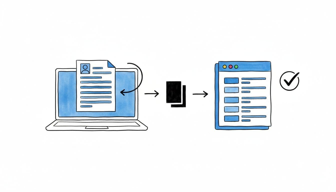 Hand-drawn line art illustration in blacks and blues depicting the step-by-step copy-paste test for ATS resumes: laptop screen with open resume, arrow to copy icon, arrow to notepad with intact pasted text structure, and checkmark.
