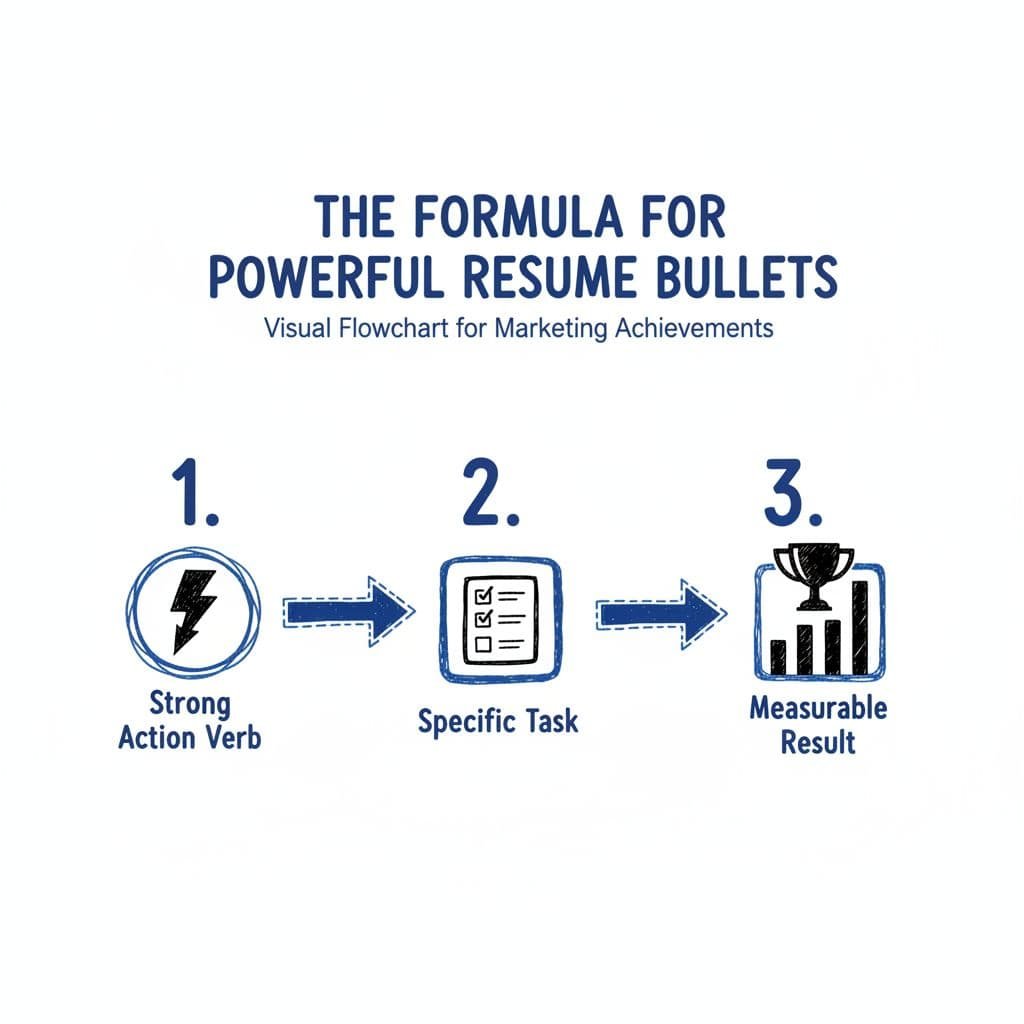 Hand-drawn illustration in blacks and blues on white background depicting a three-step visual flowchart for quantified resume bullets: strong action verb icon, specific task arrow, measurable result bar. Clean infographic style with lightning bolt, checklist, and trophy icons, numbered 1-2-3, no text or people.