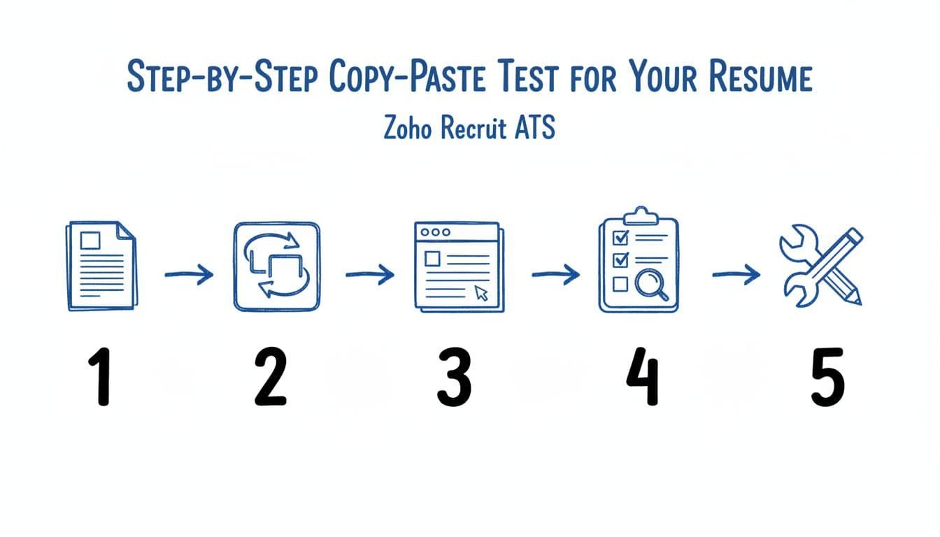 Hand-drawn minimalist flowchart in blacks and blues on white background illustrating five sequential steps of the copy-paste test for Zoho Recruit ATS resumes: open file, copy all, paste in Notepad, scan for issues like scrambled bullets and dates, fix and retest. Icons connected by arrows for clean, scannable job seeker infographic.