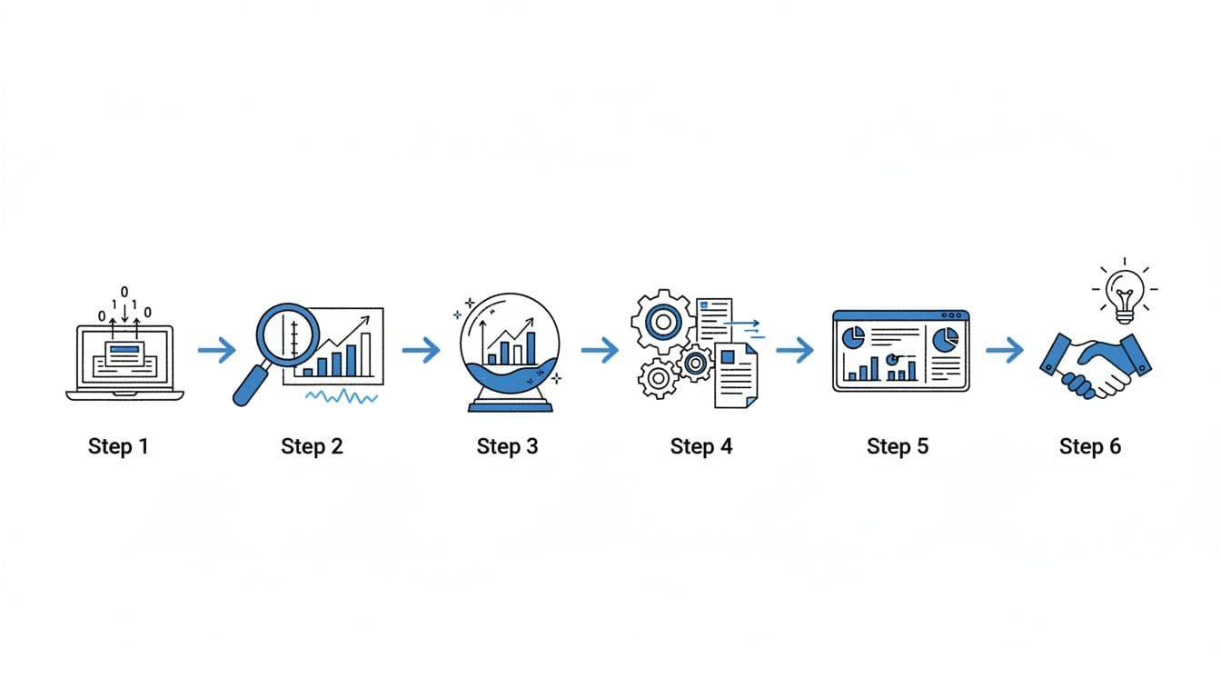 Hand-drawn black and blue icons on white background depict six sequential FP&A steps connected by horizontal arrows.