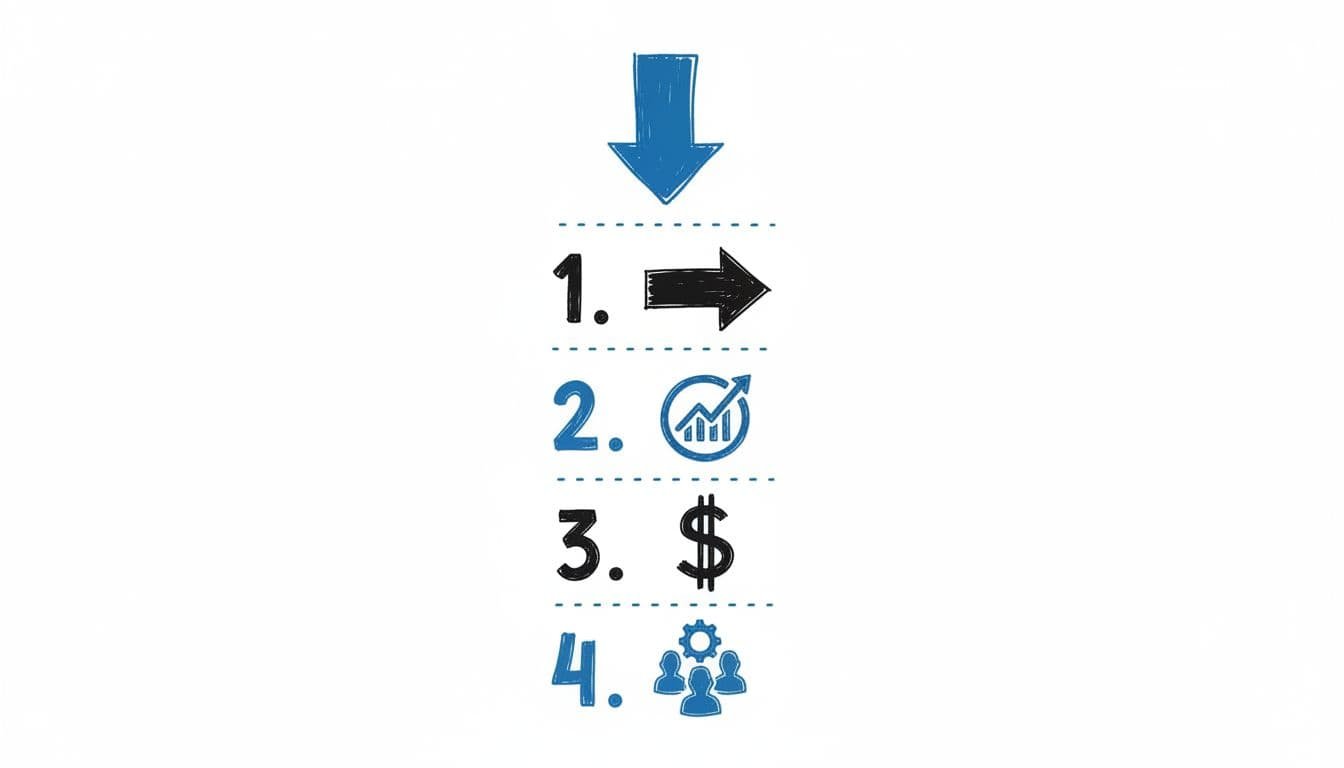 Hand-drawn editorial infographic in blacks and blues on white background, depicting the 4-step process for crafting strong sales resume bullets: 1. Strong action verb, 2. Quantifiable metric, 3. Revenue or sales impact, 4. Brief context or result, with simple icons.