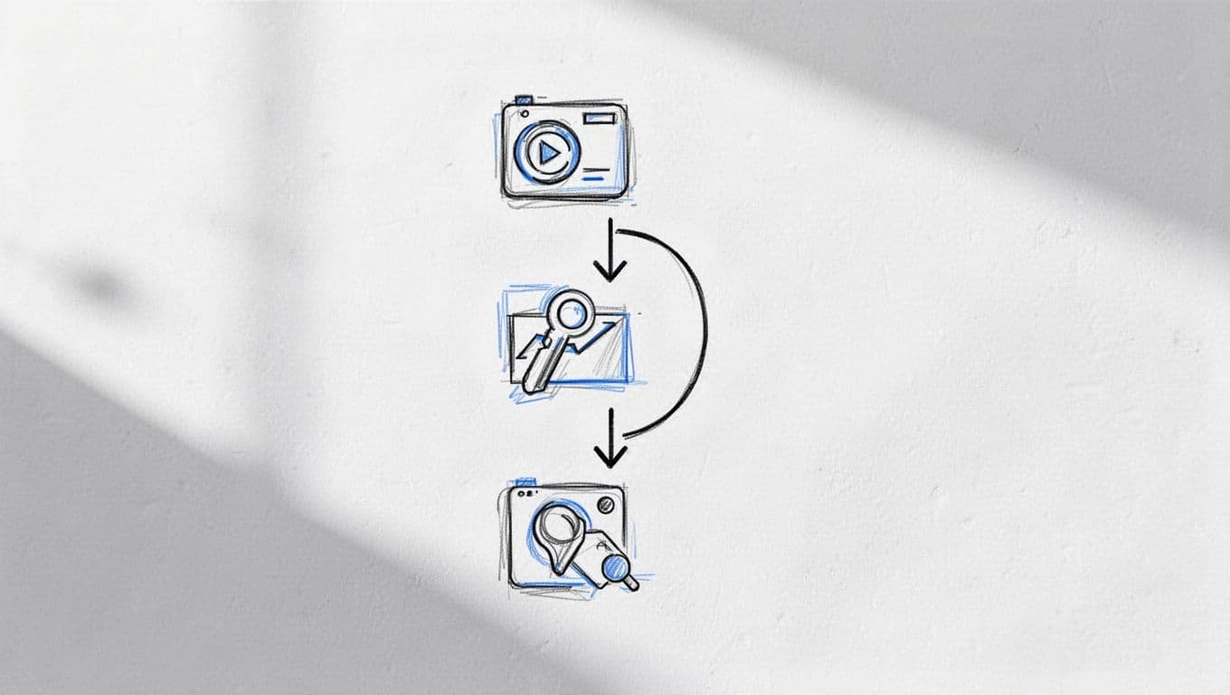 Hand-drawn editorial infographic in blacks and blues on white background illustrating a simple 4-step vertical process for building honest weakness answers in job interviews, using minimal icons and flowchart arrows.