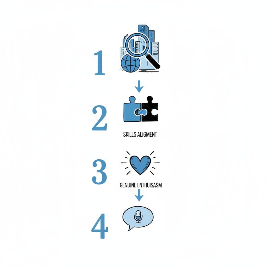 Hand-drawn black and blue infographic on white background illustrating a 4-step process for crafting strong 'why do you want to work here' interview answers: company research with magnifying glass, skills alignment with puzzle pieces, genuine enthusiasm with heart, and practice with speech bubble.