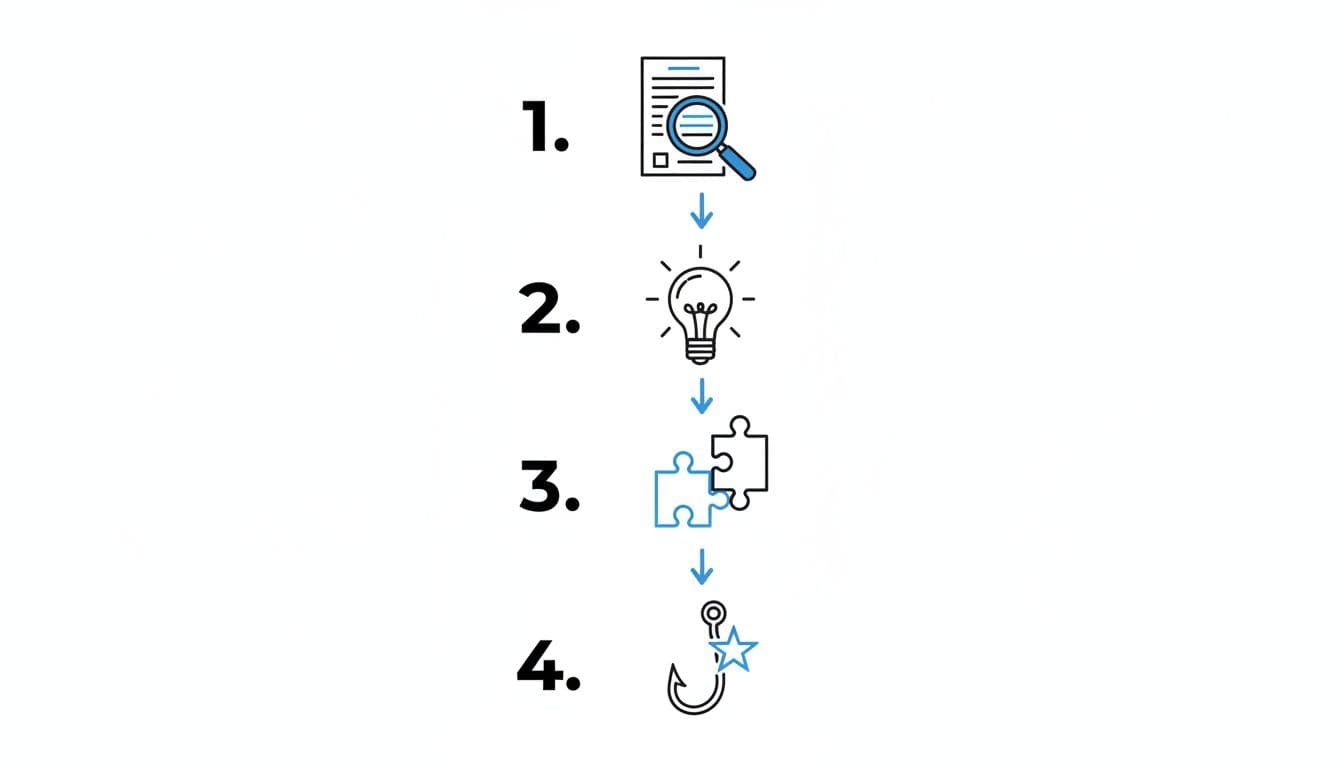 Hand-drawn illustration in blacks and blues on white background featuring a clean editorial-style infographic with 4 numbered steps for crafting cover letter opening lines: magnifying glass on document, lightbulb moment, linking puzzle pieces, and fishing hook.