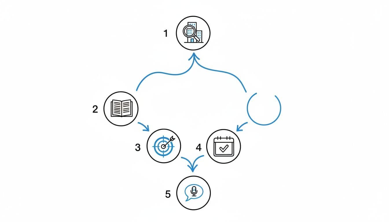 Hand-drawn black and blue line illustration on white background showing a clean 5-step flowchart for selecting and timing job interview questions: Research company, Review job description, Match goals, Tailor to stage, Practice delivery. Features modern icons like magnifying glass, document, target, calendar, speech bubble, connected by a central arrow, high contrast editorial style for career blogs.