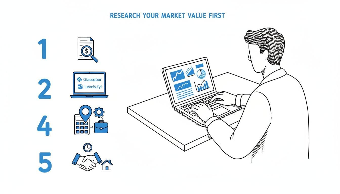 Hand-drawn editorial infographic in black and blue on white background visualizing 5 steps to determine personal market salary value, with simple icons, numbered steps, and a central figure at a desk reviewing data.