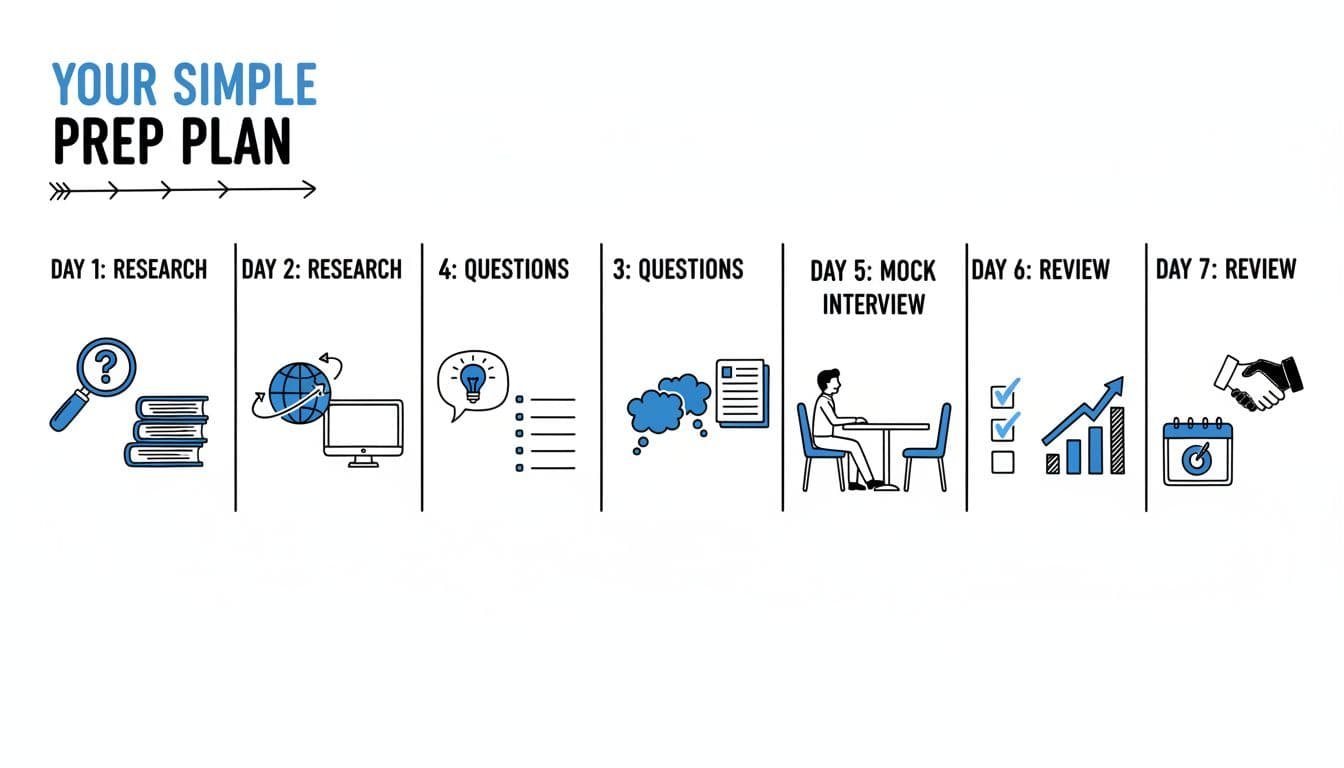 Hand-drawn illustration in blacks and blues on white background, featuring a clean editorial-style infographic timeline for a 7-day panel interview preparation plan with icons for research, question practice, mock interview, and review.