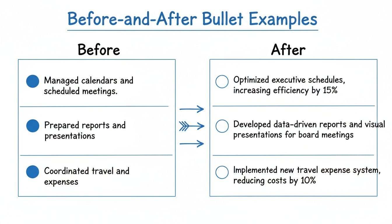 Hand-drawn illustration in blacks and blues on white background featuring a clean editorial-style comparison chart of generic 'before' resume bullets versus ownership-focused 'after' accomplishment bullets for executive assistants, connected by improvement arrows.