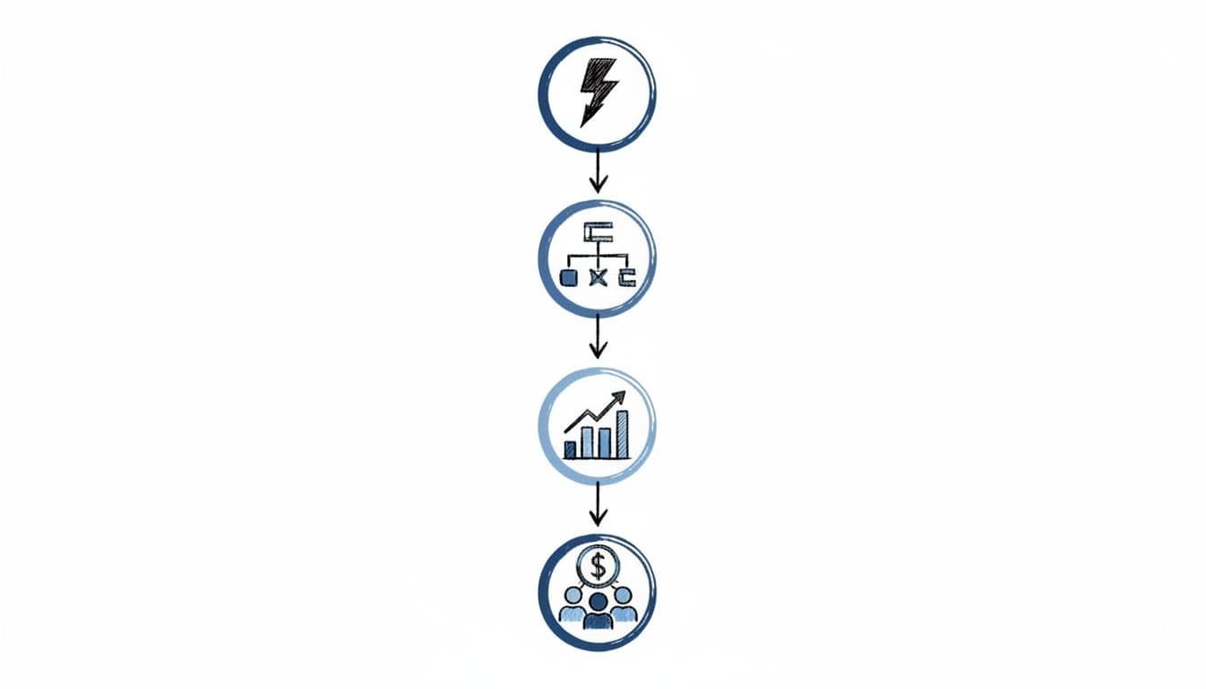 Hand-drawn illustration in blacks and blues on white background showing a vertical infographic flowchart with four icons connected by arrows: lightning bolt for action verb, flowchart for task and scope, rising bar graph for quantifiable result, and dollar sign with team icons for business impact.