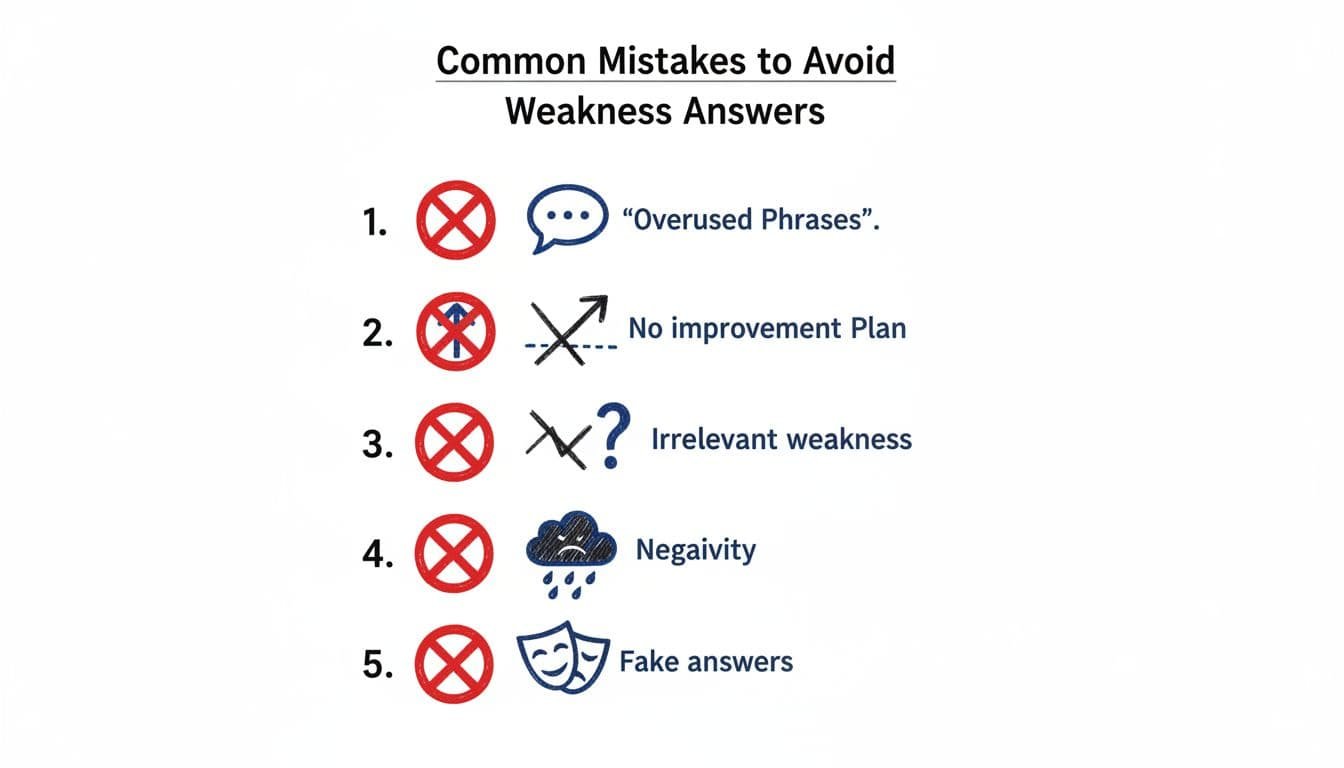 Hand-drawn illustration in blacks and blues on a white background featuring a simple infographic checklist of 5 common mistakes in weakness answers, with red prohibition icons next to each item. Vertical list includes icons for overused phrases, no improvement plan, irrelevant weakness, negativity, and fake answers; minimal modern design, no readable text except mistake numbers 1-5, no people.
