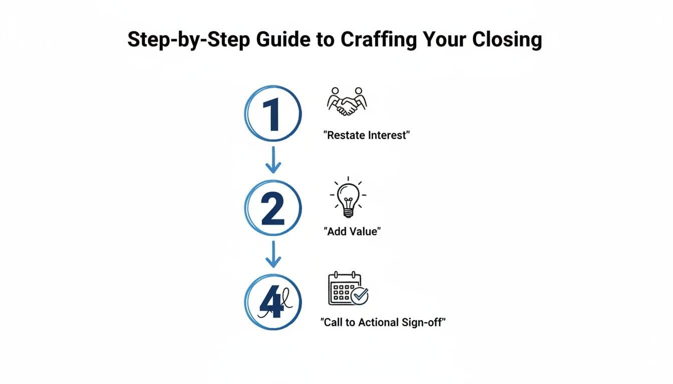 Hand-drawn black-and-blue infographic on white background shows vertical four-step flow with numbered icons, quoted phrases, and arrows.