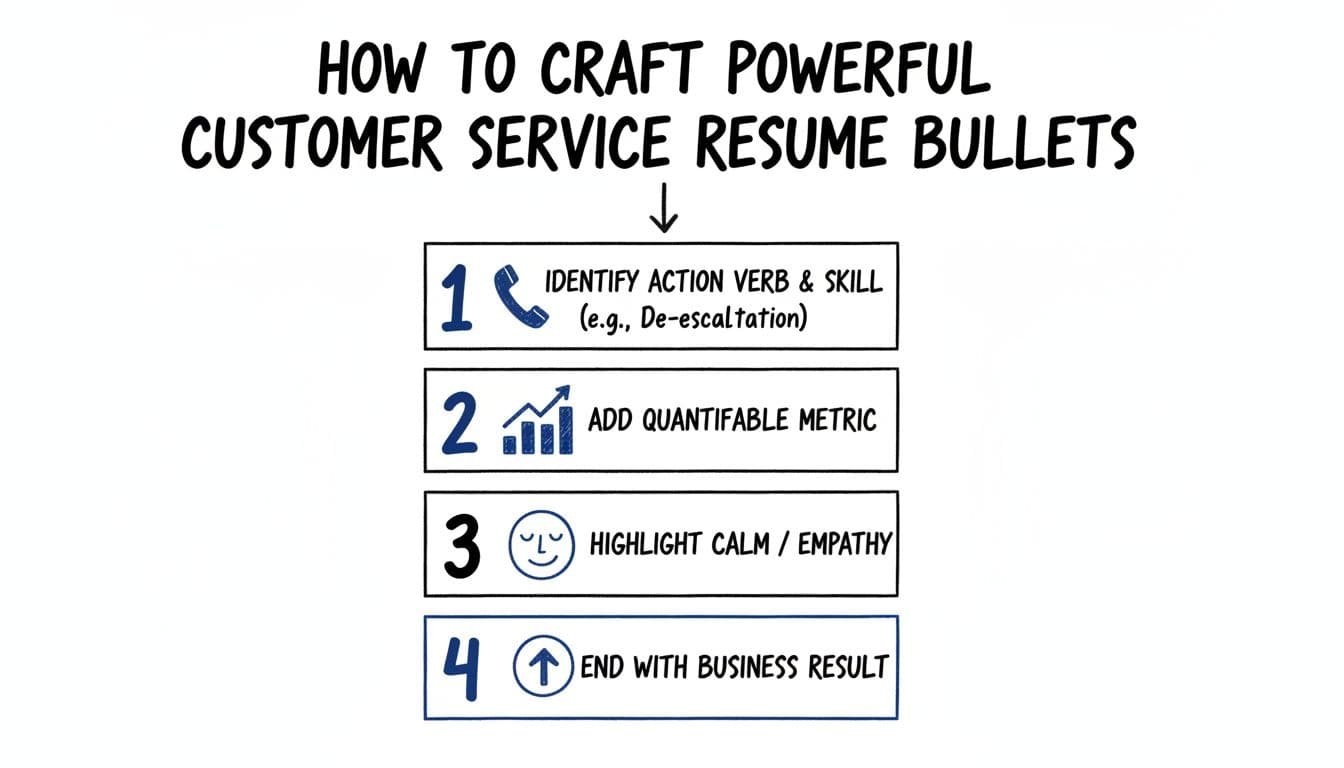 Clean editorial-style infographic illustrating the X-Y-Z framework for crafting powerful customer service resume bullets, featuring simple icons for action verbs, metrics, empathy, and results, connected by arrows in a hand-drawn black and blue aesthetic on white.