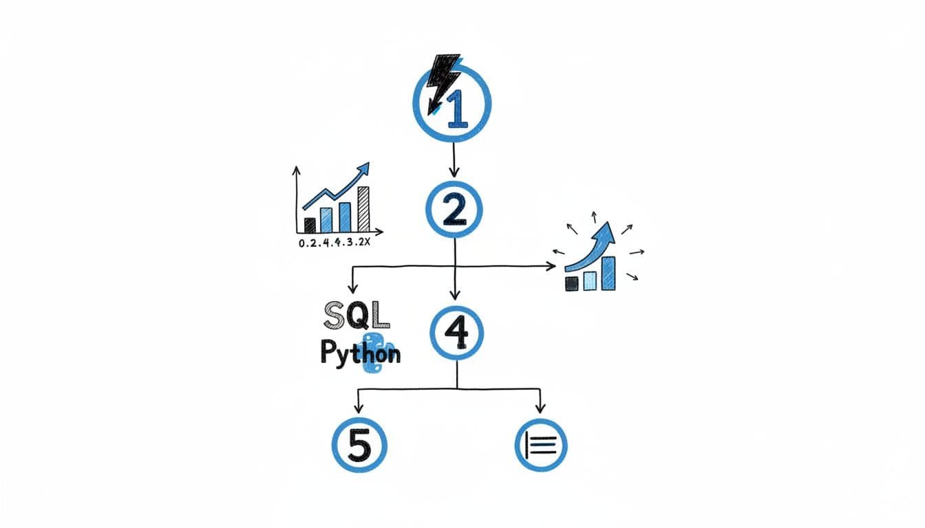 Hand-drawn infographic in blacks and blues on white background illustrating a clean 5-step flowchart for writing effective data analyst resume bullets: action verb, quantifiable metric, tool/skill, impact, and under 2 lines, with simple icons and no text labels except step numbers.