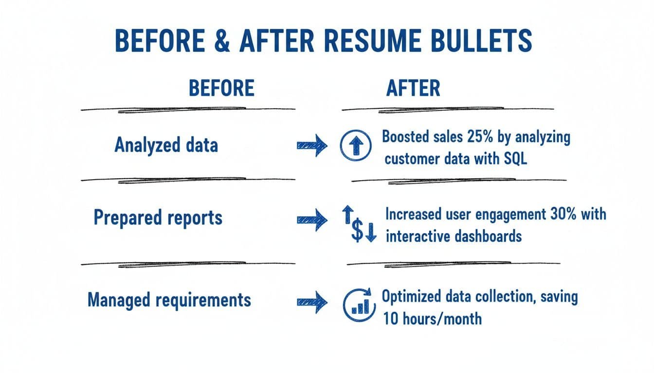 Hand-drawn editorial infographic in blacks and blues on white background, comparing weak generic resume bullets to strong metric-driven ones for data analysts. Features four before-and-after pairs in a grid with improvement arrows and metrics icons like percentage up arrows and dollar signs.