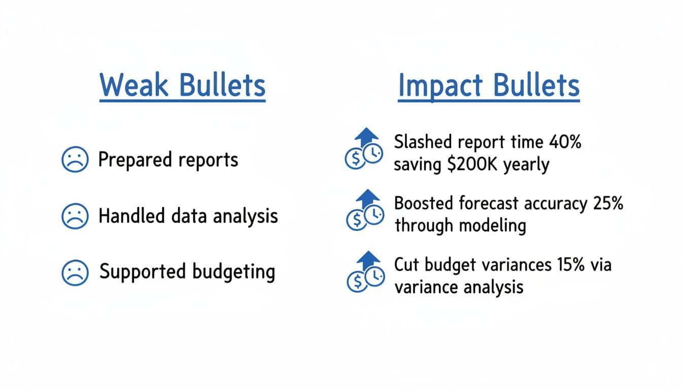 Two-column infographic in blacks and blues on white: left 'Weak Bullets' with generic duties and sad icons; right 'Impact Bullets' with metrics and positive icons.