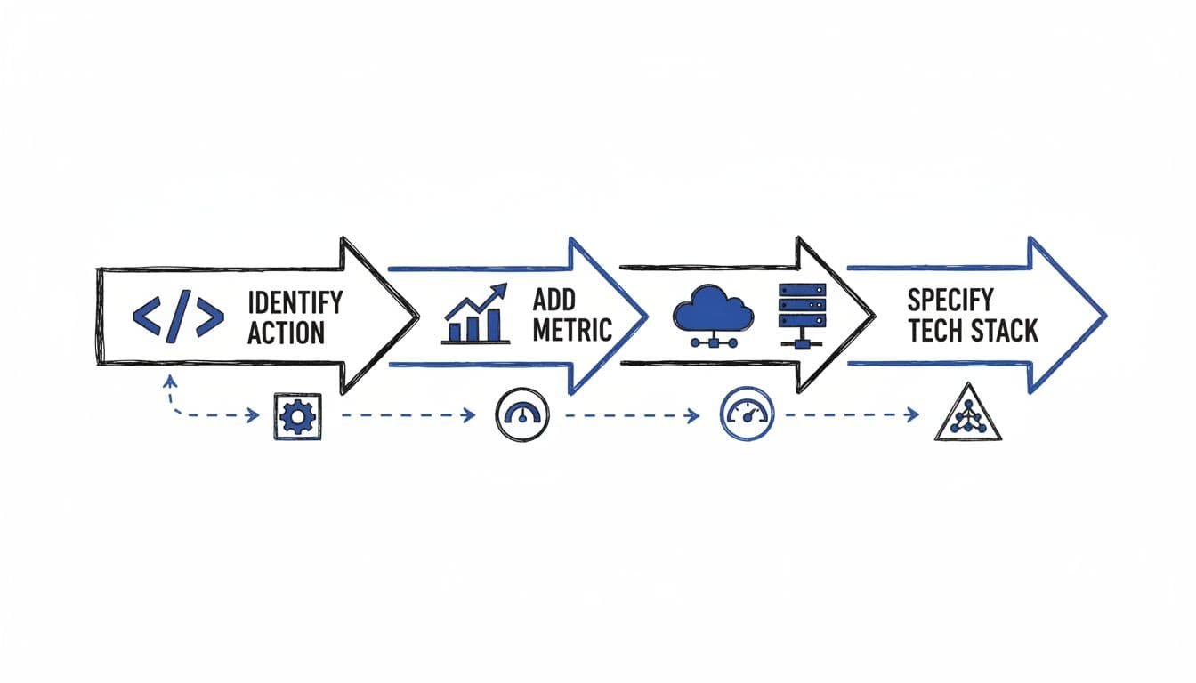 Hand-drawn illustration in blacks and blues on white background featuring an infographic-style progression chart for crafting software engineer resume bullets, with icons for code, data graphs, servers, and cloud connected by arrows through stages like action, metric, and tech stack.