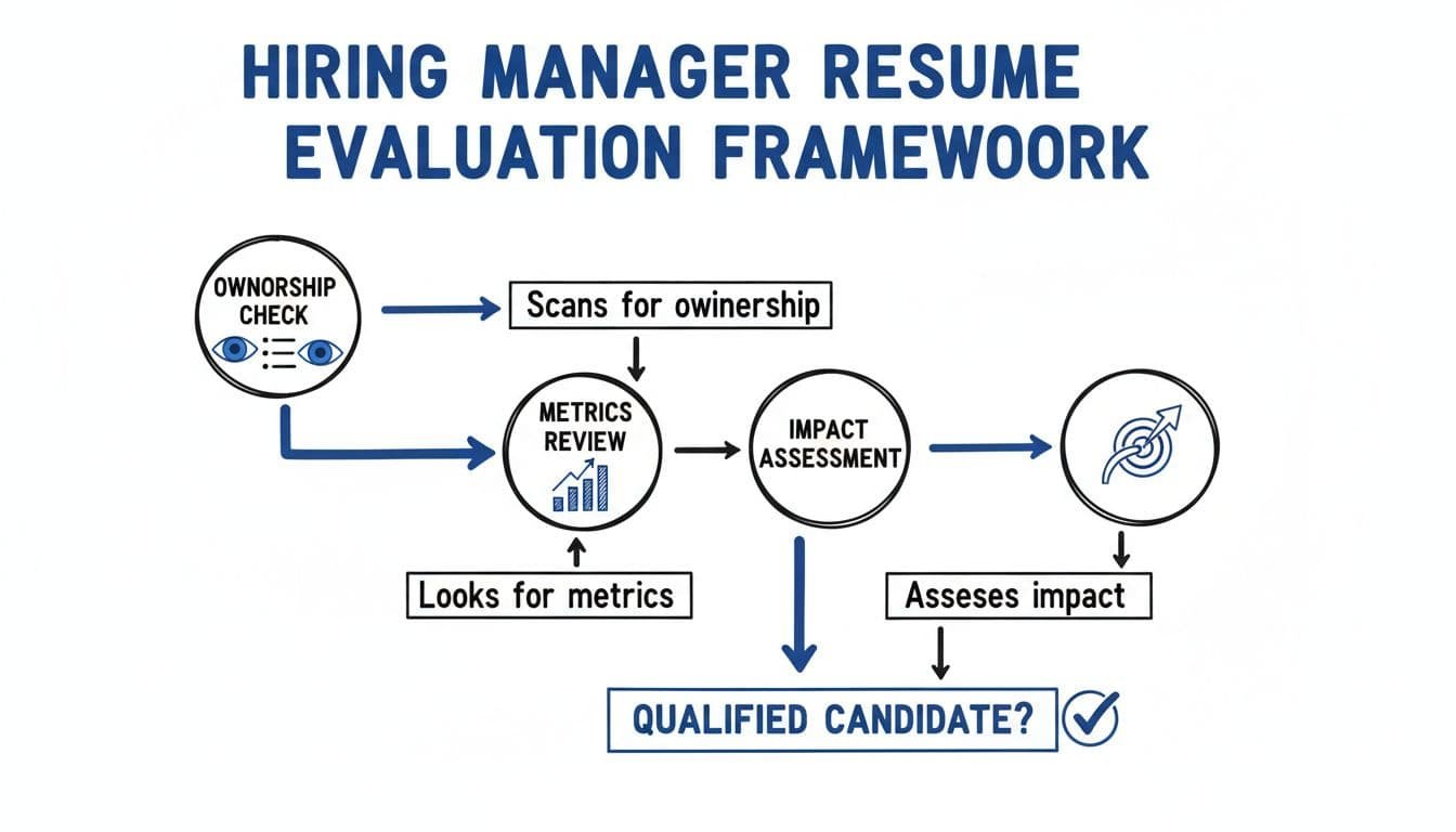 Hand-drawn illustration in blacks and blues on a white background showing a clean flowchart of a hiring manager's resume evaluation process, including steps like scanning for ownership, metrics, and impact with simple icons and labels.
