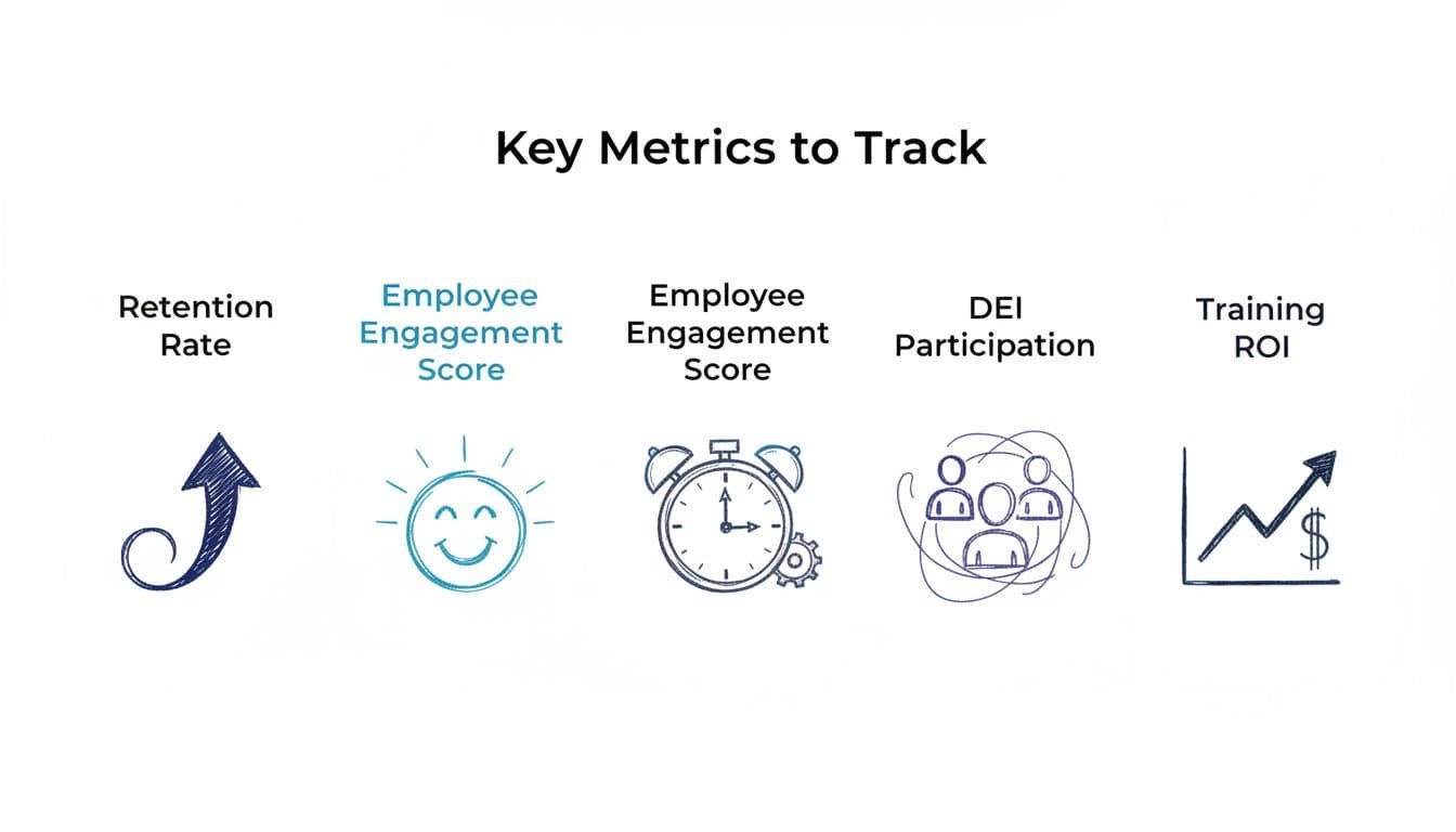 Black and blue hand-drawn infographic on white background categorizing five HR metrics with single icons each.