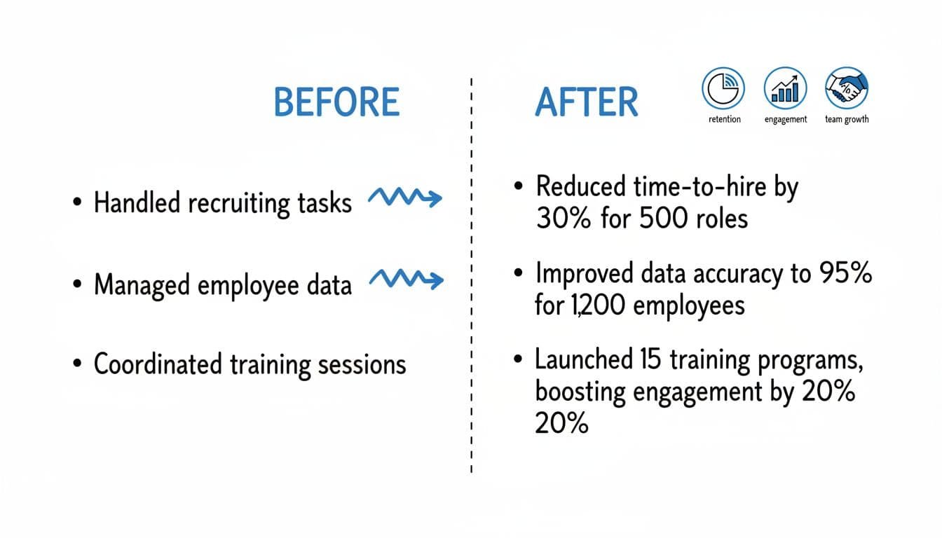 Hand-drawn black-and-blue infographic on white contrasts weak before and strong after HR resume bullets in three pairs with arrows and impact icons.