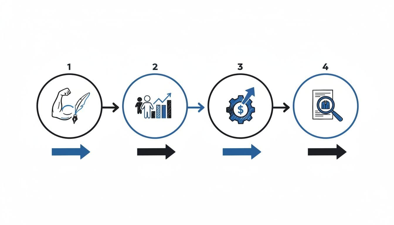 Hand-drawn black-and-blue infographic on white shows four numbered steps for resume bullets with people icons, graphs, and connecting arrows.