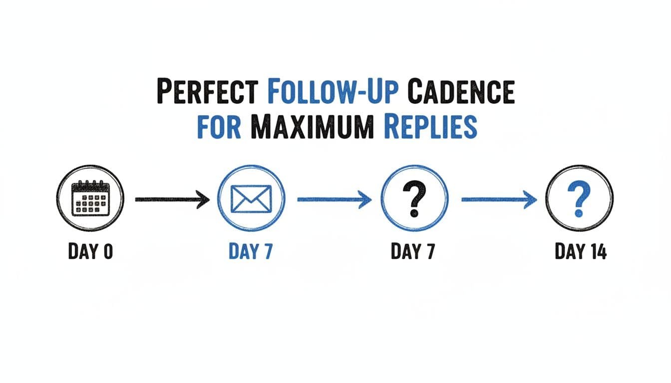 Hand-drawn illustration in blacks and blues on a white background featuring a simple horizontal timeline infographic for LinkedIn recruiter message follow-up cadence: Day 0 initial message, Day 7 first follow-up, Day 14 second follow-up if no reply. Clean minimal design with markers, icons, and connecting arrows, ideal for career blogs.