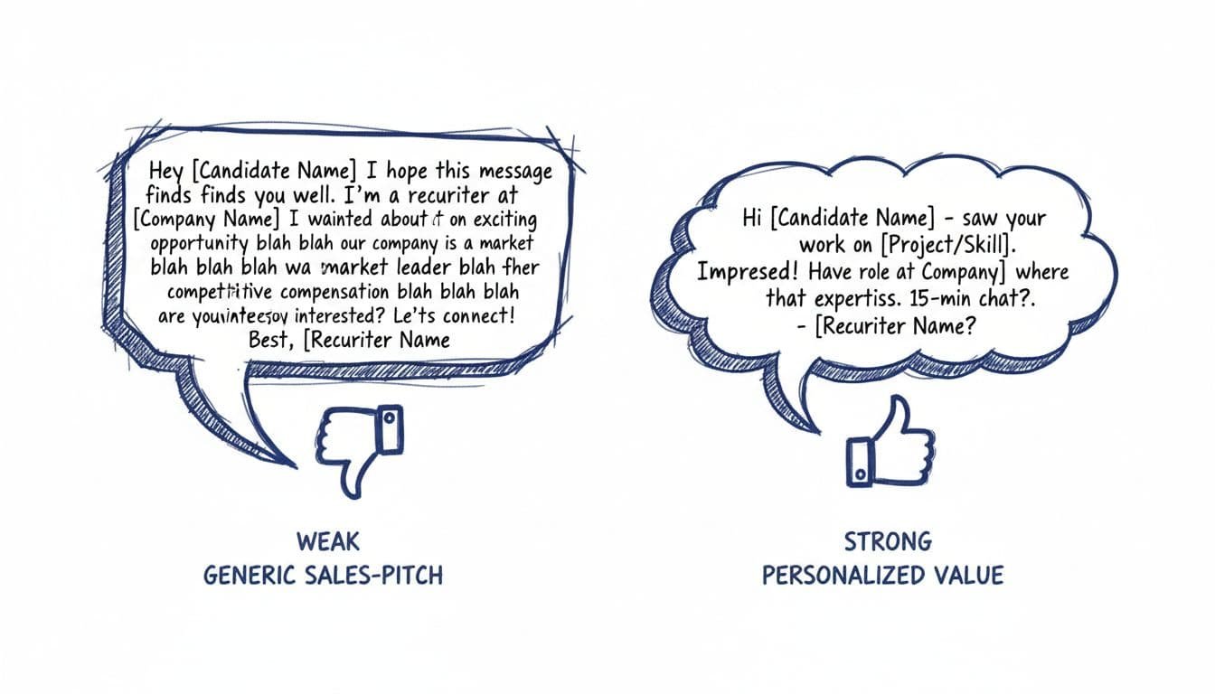 Hand-drawn infographic comparing weak generic salesy LinkedIn recruiter message (left) with strong short personalized value-focused message (right), using blacks and blues on white background with minimal thumbs down/up icons.