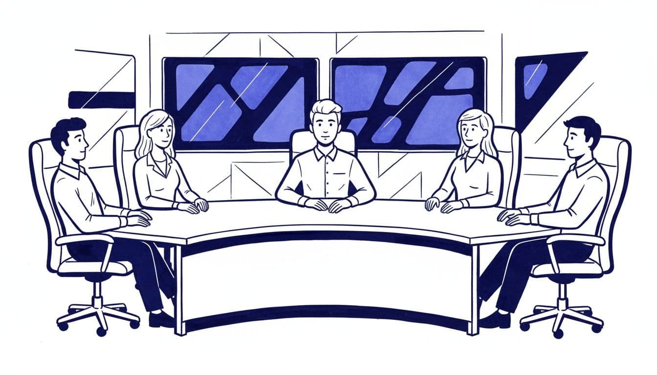 Hand-drawn illustration in blacks and blues on white background showing a professional mock panel interview: one candidate at a table facing exactly three interviewers in a modern conference room or virtual setup with screens, relaxed poses, simple linework, high contrast.