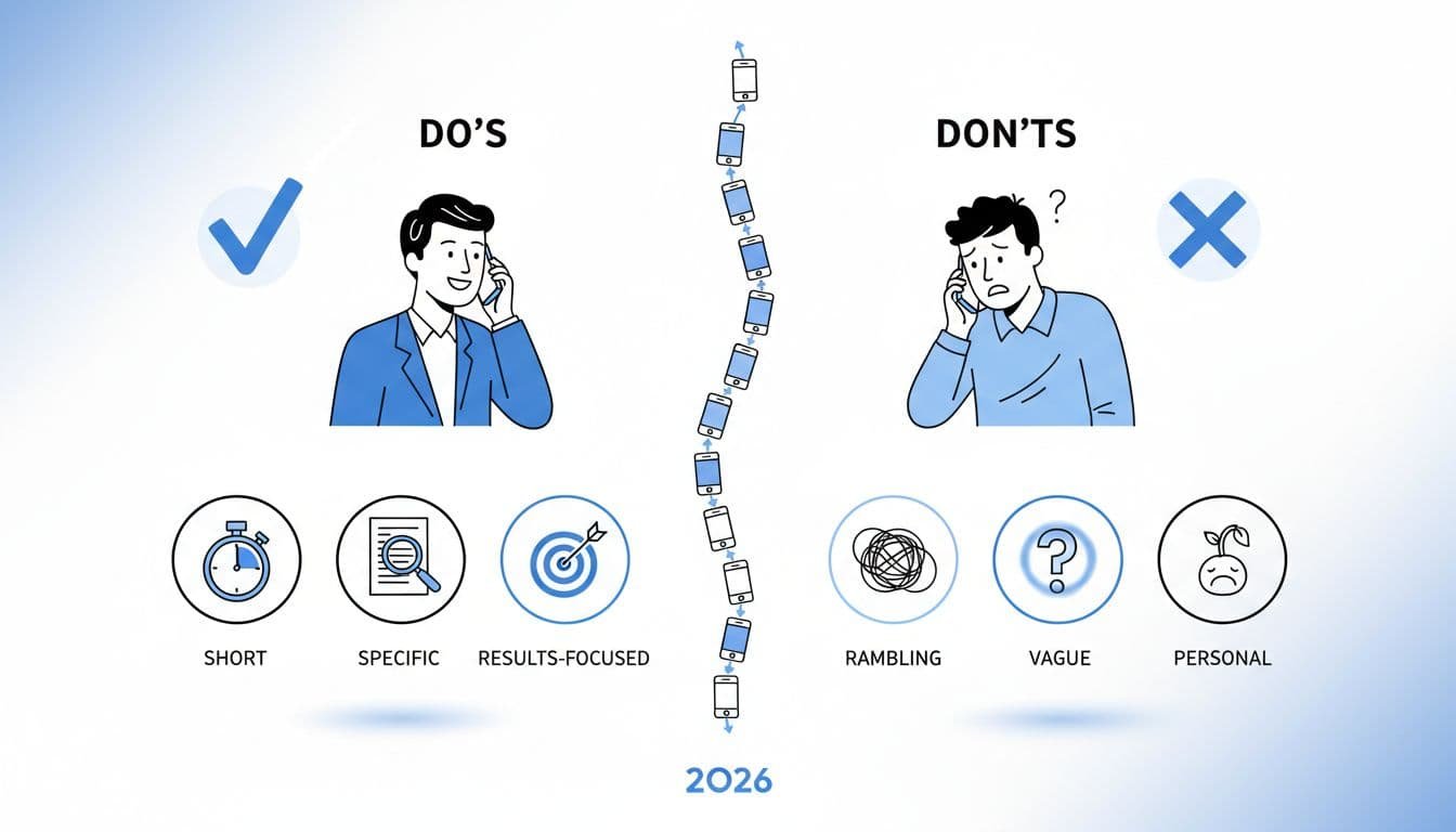 Hand-drawn minimalist infographic in blacks and blues on white background contrasting effective (short, specific, results-focused) vs. ineffective (rambling, vague, personal) phone screen interview answers, featuring one confident and one unsure candidate with phone icons and check/X marks.