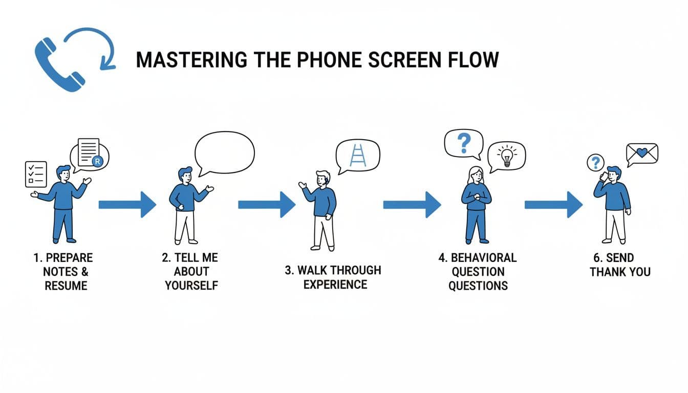 Hand-drawn minimalist infographic illustrating the 2026 recruiter phone screen flow: preparation, key questions, experience review, behavioral examples, candidate questions, and thank-you follow-up, with simple icons and two figures.
