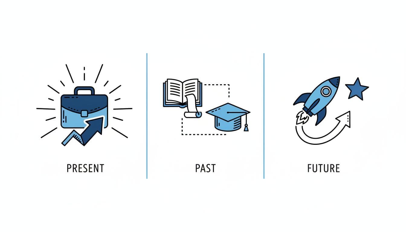 Hand-drawn infographic in blacks and blues on white background illustrating the three-part present-past-future structure for 'Tell me about yourself' job interview answers, with icons for work experience, education, and career goals using simple linework, minimal shading, and strong contrast.