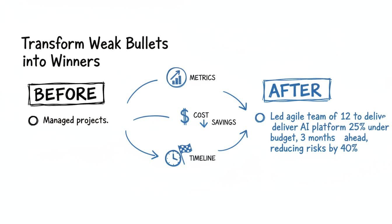 Hand-drawn illustration in blacks and blues on white background showing before and after project manager resume bullets in infographic style. Weak generic bullet transforms to strong quantified achievement with arrows and improvement icons for metrics, cost savings, and timeline.