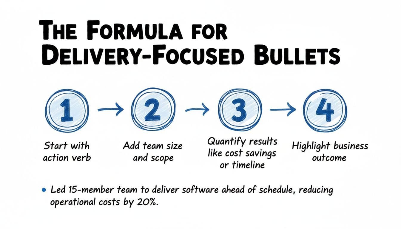 Hand-drawn infographic in blacks and blues on white background depicting a four-step process to craft project manager resume bullets emphasizing delivery: 1. Start with action verb, 2. Add team size and scope, 3. Quantify results like cost savings or timeline, 4. Highlight business outcome. Features numbered icons in a horizontal timeline flow with simple arrows.