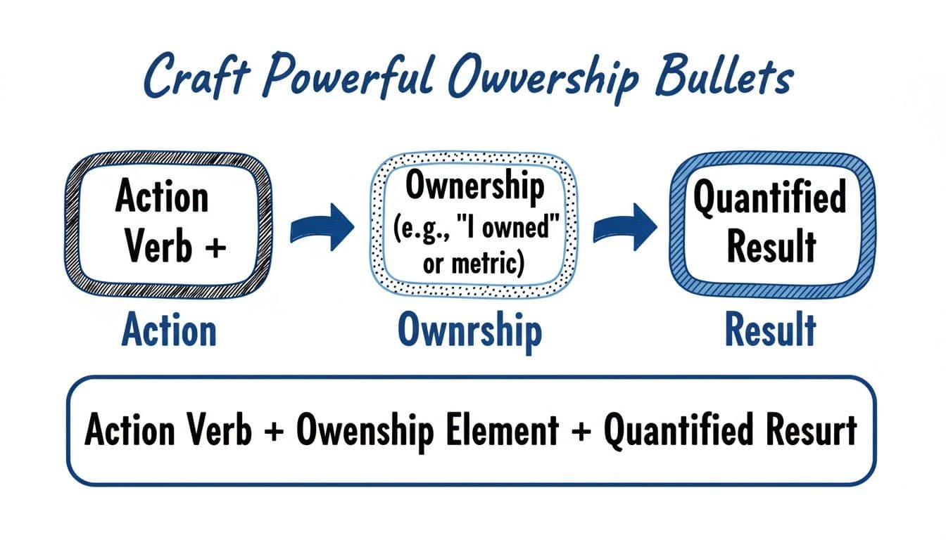 Hand-drawn illustration in blacks and blues on white background featuring a clean editorial-style infographic of the resume bullet formula: Action Verb + Ownership Element + Quantified Result, shown as three connected steps.