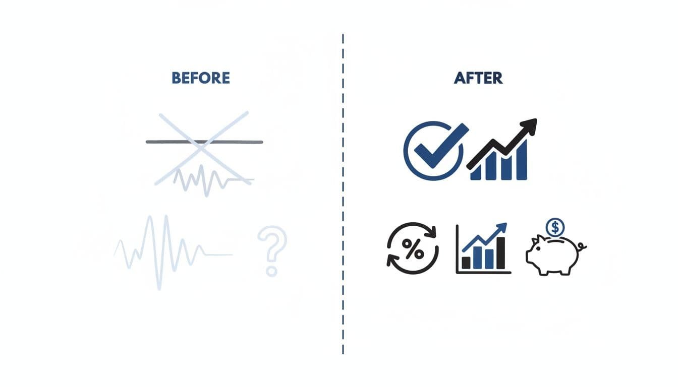 Hand-drawn side-by-side infographic contrasting weak generic resume bullet with bold metrics-driven version for business analysts, using icons like graphs and arrows in blacks and blues on white background.